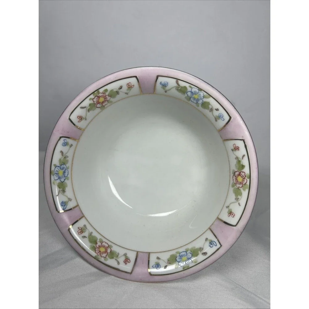 Vtg Meito China MEI63 Nippon Berry Bowl Pink Rim Floral Gold Panels Unmarked